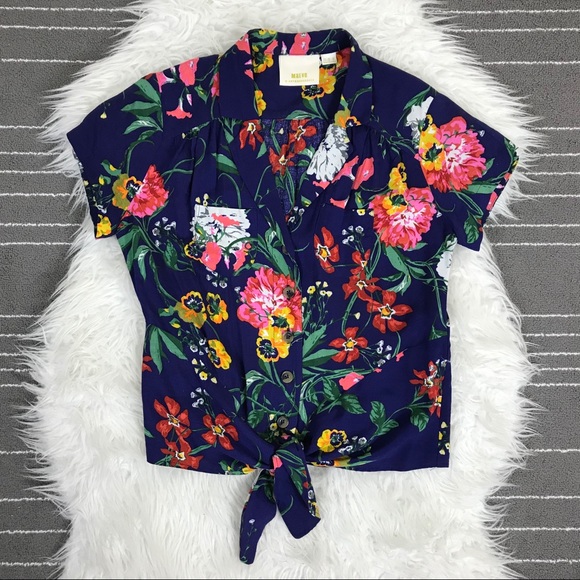 Anthropologie Maeve Bateau Floral front tie top - Picture 2 of 6